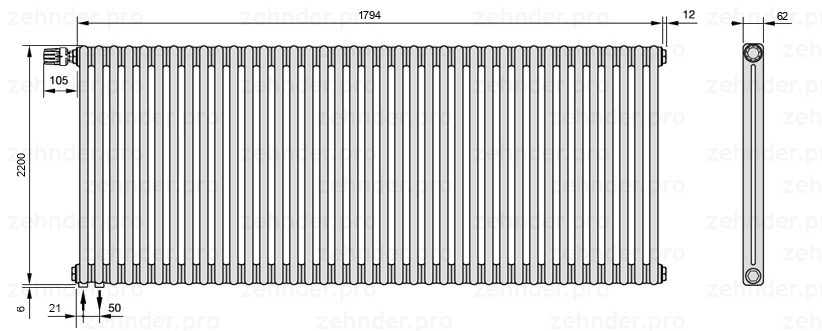 Схема (чертеж) Радиатор Zehnder Charleston 2220/39 №V001 Белый глянцевый RAL 9016